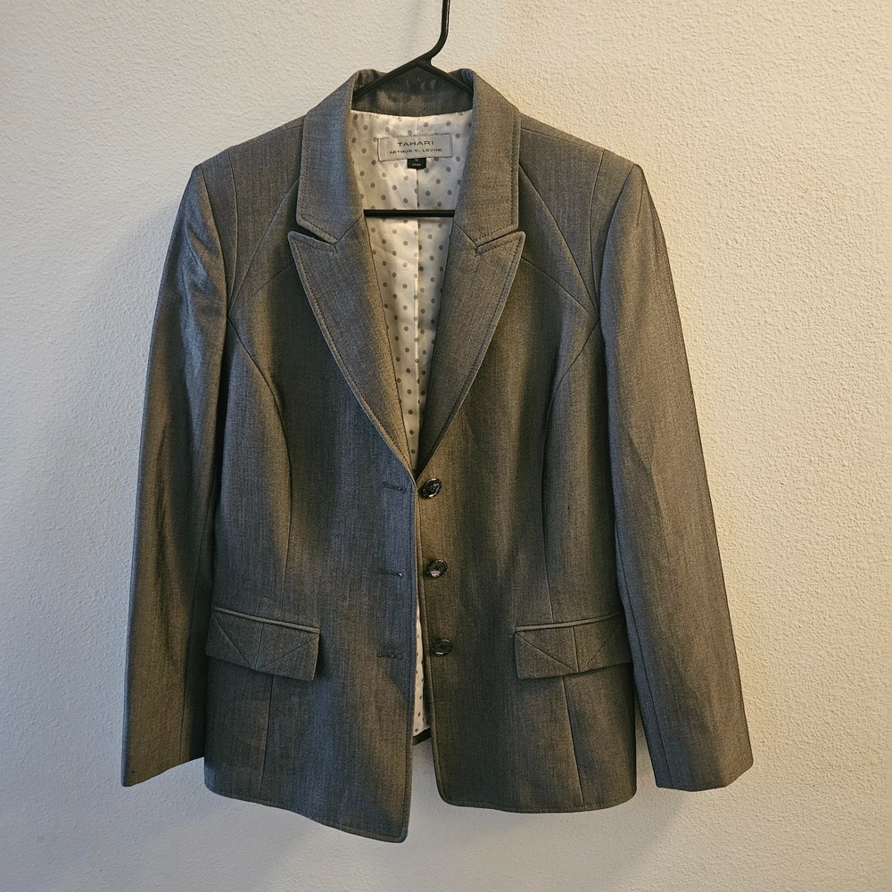 Tahari Arthur S. Levine Blazer Jacket Womens 10 Gray Three Button‎ Closure Lined